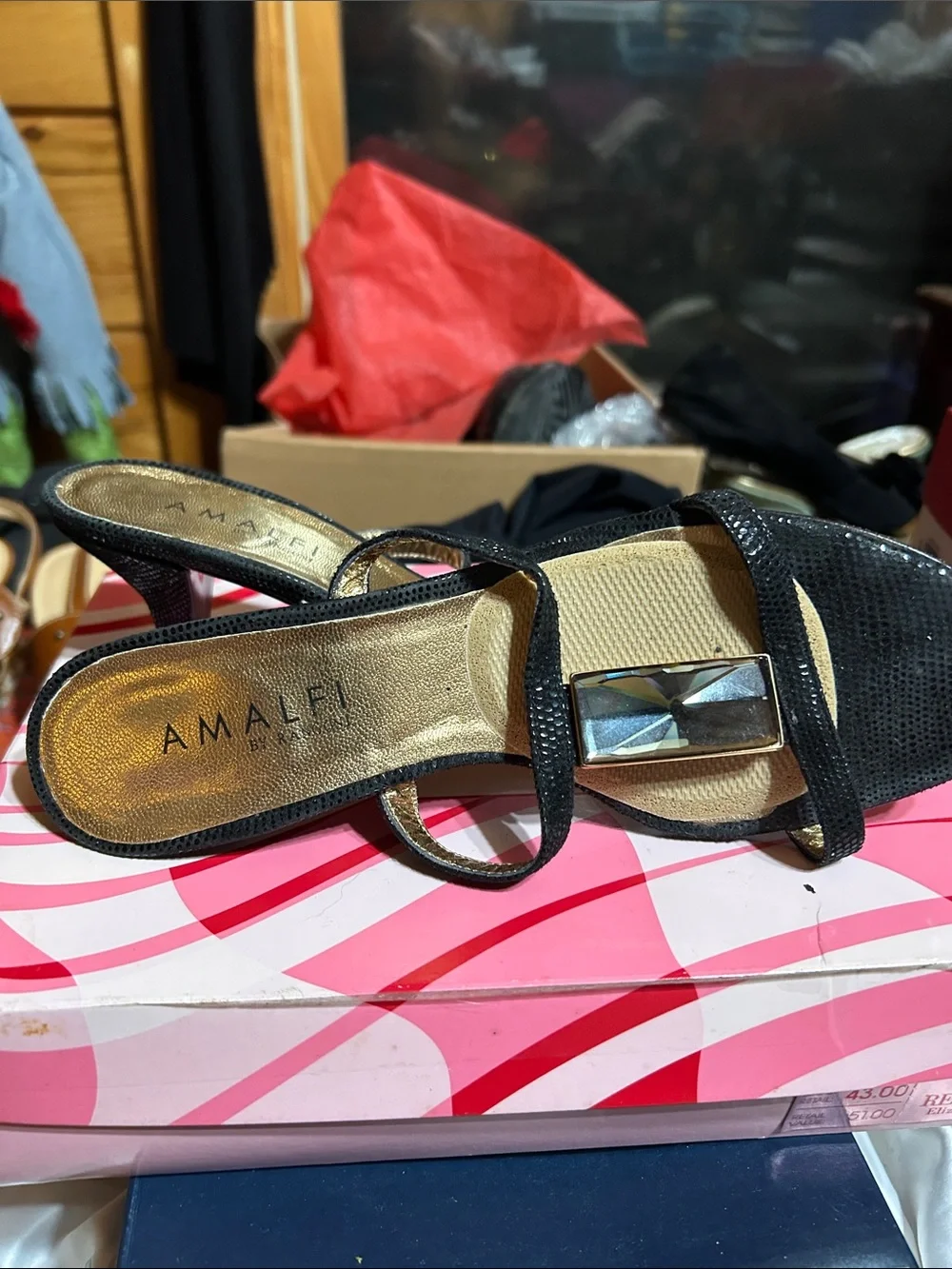 Amalfi Black Heeled Slide Sandals with Rectangular Gem